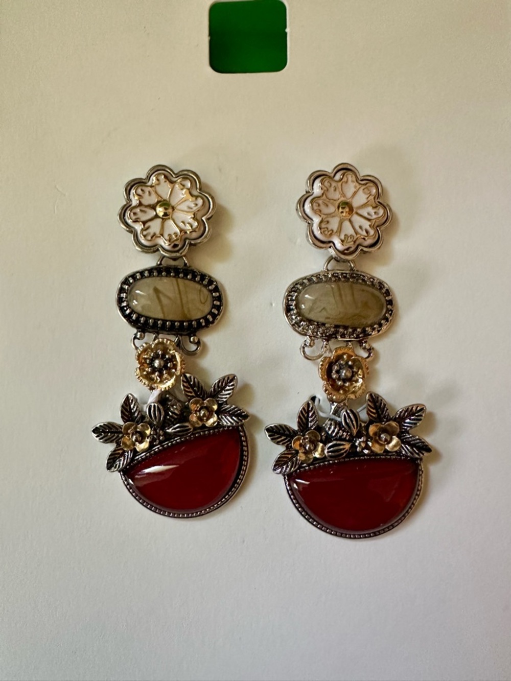 Zara Red Floral Drop Earrings with Gold & Silver Details